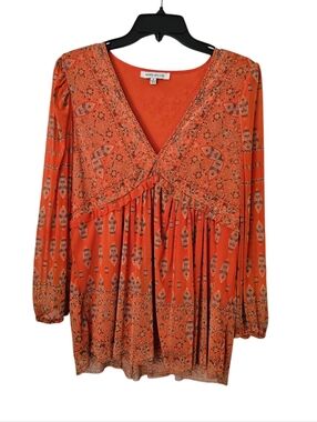 Orange Printed Long-Sleeve Tunic Blouse-Size Medium